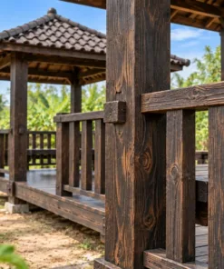 Chòi Gỗ Sân Vườn T120 - Đôi Hai Mái Chóp Nối Sàn Chung, Gỗ Thông Màu Gỗ Cháy