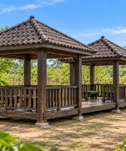Chòi Gỗ Sân Vườn T120 - Đôi Hai Mái Chóp Nối Sàn Chung, Gỗ Thông Màu Gỗ Cháy