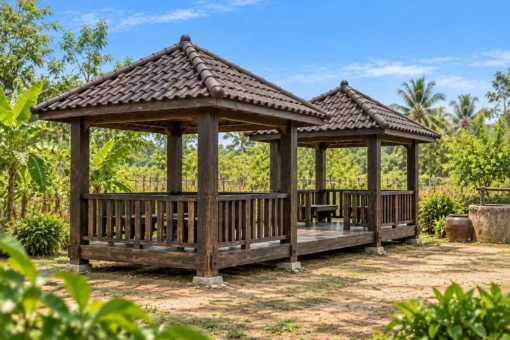 Chòi Gỗ Sân Vườn T120 - Đôi Hai Mái Chóp Nối Sàn Chung, Gỗ Thông Màu Gỗ Cháy Chòi Gỗ Sân Vườn T120 - Đôi Hai Mái Chóp Nối Sàn Chung, Gỗ Thông Màu Gỗ Cháy