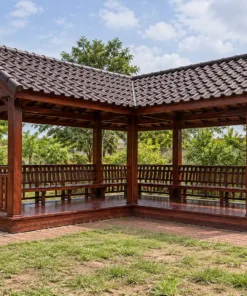 Chòi Gỗ Sân Vườn T121 - Mặt Bằng Chữ L Hai Cánh Mái Gặp Góc, Gỗ Thông Màu Nâu Đỏ