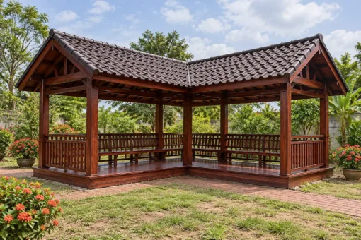 Chòi Gỗ Sân Vườn T121 - Mặt Bằng Chữ L Hai Cánh Mái Gặp Góc, Gỗ Thông Màu Nâu Đỏ Chòi Gỗ Sân Vườn T121 - Mặt Bằng Chữ L Hai Cánh Mái Gặp Góc, Gỗ Thông Màu Nâu Đỏ