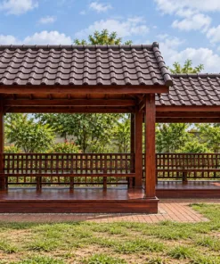 Chòi Gỗ Sân Vườn T121 - Mặt Bằng Chữ L Hai Cánh Mái Gặp Góc, Gỗ Thông Màu Nâu Đỏ