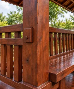 Chòi Gỗ Sân Vườn T121 - Mặt Bằng Chữ L Hai Cánh Mái Gặp Góc, Gỗ Thông Màu Nâu Đỏ
