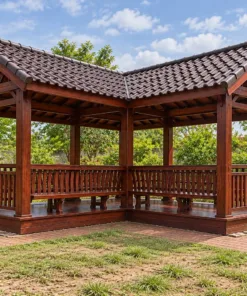 Chòi Gỗ Sân Vườn T121 - Mặt Bằng Chữ L Hai Cánh Mái Gặp Góc, Gỗ Thông Màu Nâu Đỏ