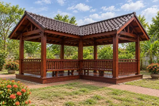 Chòi Gỗ Sân Vườn T121 - Mặt Bằng Chữ L Hai Cánh Mái Gặp Góc, Gỗ Thông Màu Nâu Đỏ Chòi Gỗ Sân Vườn T121 - Mặt Bằng Chữ L Hai Cánh Mái Gặp Góc, Gỗ Thông Màu Nâu Đỏ