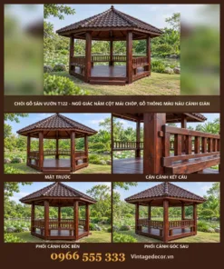 Chòi Gỗ Sân Vườn T122 - Ngũ Giác Năm Cột Mái Chóp, Gỗ Thông Màu Nâu Cánh Gián