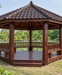 Chòi Gỗ Sân Vườn T122 - Ngũ Giác Năm Cột Mái Chóp, Gỗ Thông Màu Nâu Cánh Gián