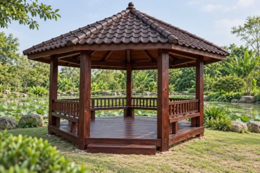 Chòi Gỗ Sân Vườn T122 - Ngũ Giác Năm Cột Mái Chóp, Gỗ Thông Màu Nâu Cánh Gián Chòi Gỗ Sân Vườn T122 - Ngũ Giác Năm Cột Mái Chóp, Gỗ Thông Màu Nâu Cánh Gián