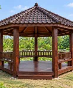 Chòi Gỗ Sân Vườn T122 - Ngũ Giác Năm Cột Mái Chóp, Gỗ Thông Màu Nâu Cánh Gián