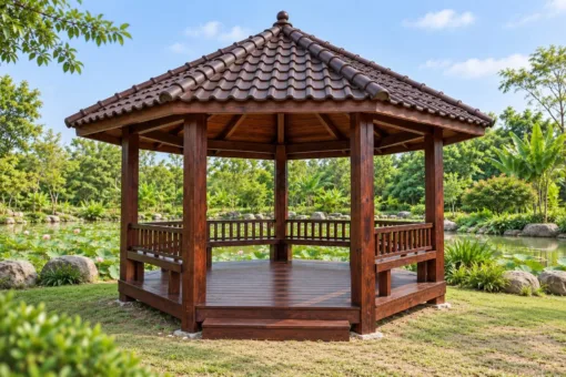 Chòi Gỗ Sân Vườn T122 - Ngũ Giác Năm Cột Mái Chóp, Gỗ Thông Màu Nâu Cánh Gián Chòi Gỗ Sân Vườn T122 - Ngũ Giác Năm Cột Mái Chóp, Gỗ Thông Màu Nâu Cánh Gián