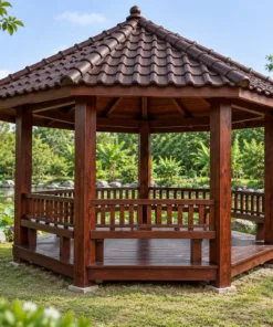Chòi Gỗ Sân Vườn T122 - Ngũ Giác Năm Cột Mái Chóp, Gỗ Thông Màu Nâu Cánh Gián