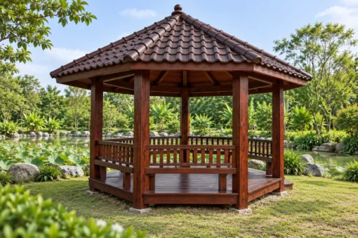 Chòi Gỗ Sân Vườn T122 - Ngũ Giác Năm Cột Mái Chóp, Gỗ Thông Màu Nâu Cánh Gián Chòi Gỗ Sân Vườn T122 - Ngũ Giác Năm Cột Mái Chóp, Gỗ Thông Màu Nâu Cánh Gián