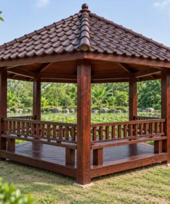Chòi Gỗ Sân Vườn T122 - Ngũ Giác Năm Cột Mái Chóp, Gỗ Thông Màu Nâu Cánh Gián