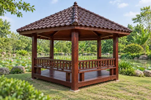 Chòi Gỗ Sân Vườn T122 - Ngũ Giác Năm Cột Mái Chóp, Gỗ Thông Màu Nâu Cánh Gián Chòi Gỗ Sân Vườn T122 - Ngũ Giác Năm Cột Mái Chóp, Gỗ Thông Màu Nâu Cánh Gián
