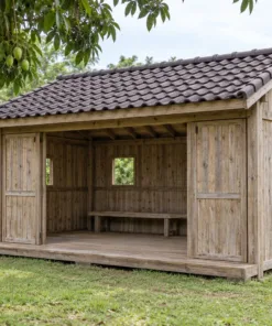Chòi Gỗ Sân Vườn T123 - Ba Mặt Vách Ván Mặt Trước Cửa Lùa Mở, Gỗ Thông Màu Vintage
