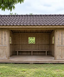 Chòi Gỗ Sân Vườn T123 - Ba Mặt Vách Ván Mặt Trước Cửa Lùa Mở, Gỗ Thông Màu Vintage