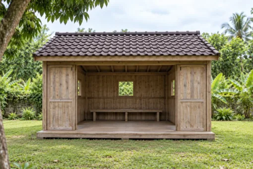 Chòi Gỗ Sân Vườn T123 - Ba Mặt Vách Ván Mặt Trước Cửa Lùa Mở, Gỗ Thông Màu Vintage Chòi Gỗ Sân Vườn T123 - Ba Mặt Vách Ván Mặt Trước Cửa Lùa Mở, Gỗ Thông Màu Vintage