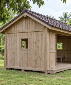 Chòi Gỗ Sân Vườn T123 - Ba Mặt Vách Ván Mặt Trước Cửa Lùa Mở, Gỗ Thông Màu Vintage