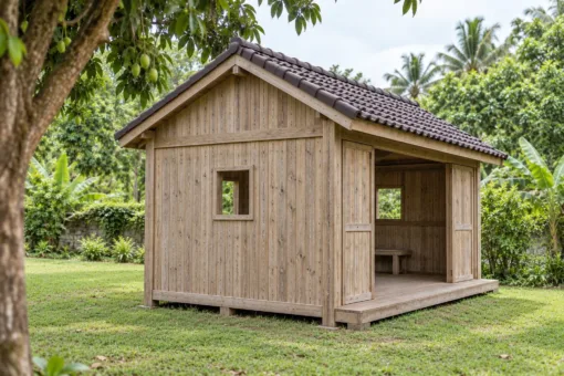 Chòi Gỗ Sân Vườn T123 - Ba Mặt Vách Ván Mặt Trước Cửa Lùa Mở, Gỗ Thông Màu Vintage Chòi Gỗ Sân Vườn T123 - Ba Mặt Vách Ván Mặt Trước Cửa Lùa Mở, Gỗ Thông Màu Vintage