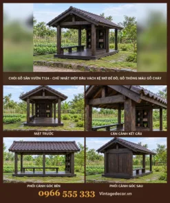 Chòi Gỗ Sân Vườn T124 - Chữ Nhật Một Đầu Vách Kệ Mở Để Đồ, Gỗ Thông Màu Gỗ Cháy