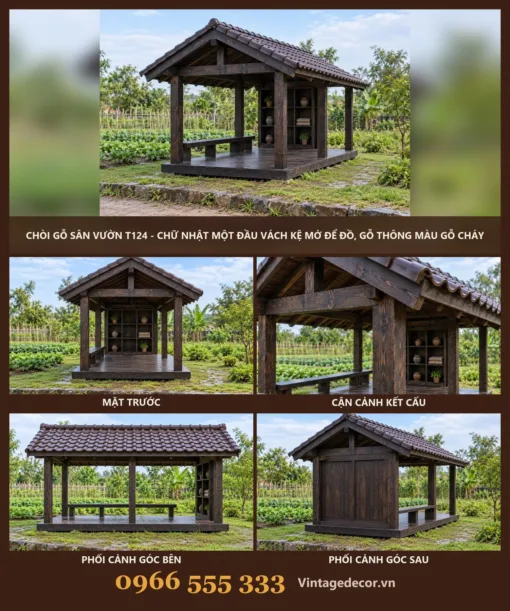 Chòi Gỗ Sân Vườn T124 - Chữ Nhật Một Đầu Vách Kệ Mở Để Đồ, Gỗ Thông Màu Gỗ Cháy Chòi Gỗ Sân Vườn T124 - Chữ Nhật Một Đầu Vách Kệ Mở Để Đồ, Gỗ Thông Màu Gỗ Cháy