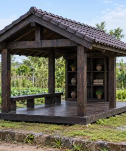 Chòi Gỗ Sân Vườn T124 - Chữ Nhật Một Đầu Vách Kệ Mở Để Đồ, Gỗ Thông Màu Gỗ Cháy