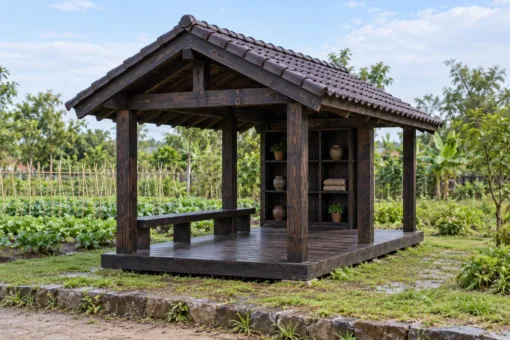 Chòi Gỗ Sân Vườn T124 - Chữ Nhật Một Đầu Vách Kệ Mở Để Đồ, Gỗ Thông Màu Gỗ Cháy Chòi Gỗ Sân Vườn T124 - Chữ Nhật Một Đầu Vách Kệ Mở Để Đồ, Gỗ Thông Màu Gỗ Cháy