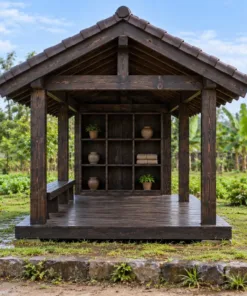 Chòi Gỗ Sân Vườn T124 - Chữ Nhật Một Đầu Vách Kệ Mở Để Đồ, Gỗ Thông Màu Gỗ Cháy