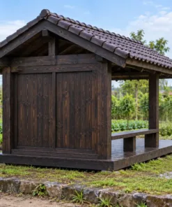 Chòi Gỗ Sân Vườn T124 - Chữ Nhật Một Đầu Vách Kệ Mở Để Đồ, Gỗ Thông Màu Gỗ Cháy