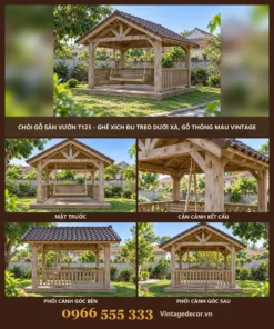 Chòi Gỗ Sân Vườn T125 - Ghế Xích Đu Treo Dưới Xà, Gỗ Thông Màu Vintage
