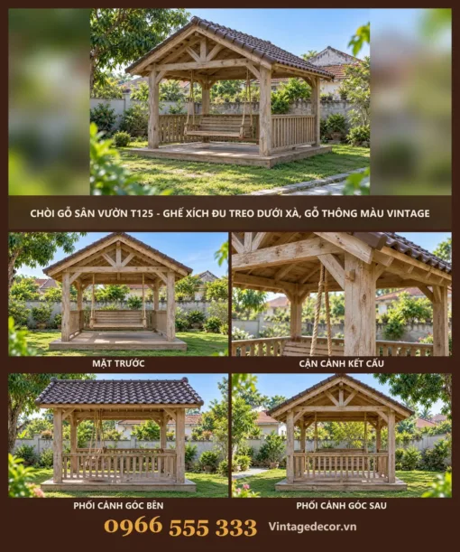 Chòi Gỗ Sân Vườn T125 - Ghế Xích Đu Treo Dưới Xà, Gỗ Thông Màu Vintage Chòi Gỗ Sân Vườn T125 - Ghế Xích Đu Treo Dưới Xà, Gỗ Thông Màu Vintage