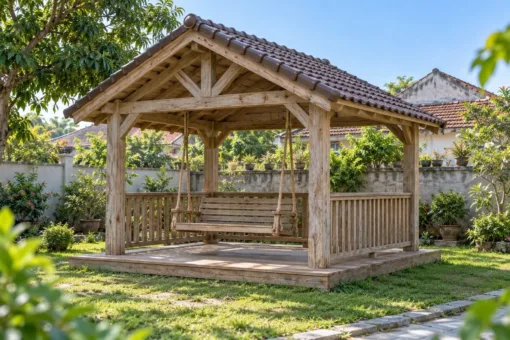 Chòi Gỗ Sân Vườn T125 - Ghế Xích Đu Treo Dưới Xà, Gỗ Thông Màu Vintage Chòi Gỗ Sân Vườn T125 - Ghế Xích Đu Treo Dưới Xà, Gỗ Thông Màu Vintage