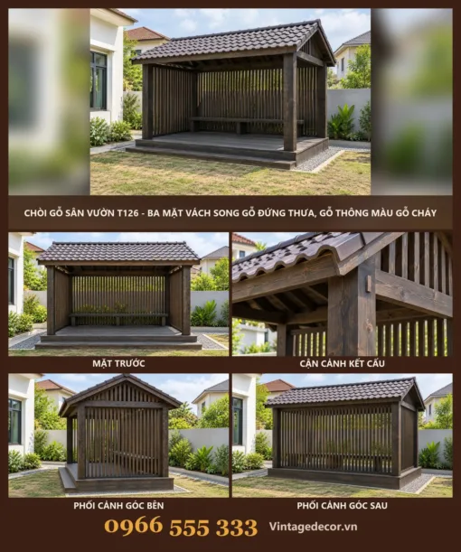 Chòi Gỗ Sân Vườn T126 - Ba Mặt Vách Song Gỗ Đứng Thưa, Gỗ Thông Màu Gỗ Cháy Chòi Gỗ Sân Vườn T126 - Ba Mặt Vách Song Gỗ Đứng Thưa, Gỗ Thông Màu Gỗ Cháy