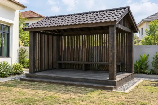 Chòi Gỗ Sân Vườn T126 - Ba Mặt Vách Song Gỗ Đứng Thưa, Gỗ Thông Màu Gỗ Cháy Chòi Gỗ Sân Vườn T126 - Ba Mặt Vách Song Gỗ Đứng Thưa, Gỗ Thông Màu Gỗ Cháy