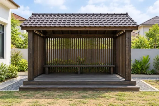 Chòi Gỗ Sân Vườn T126 - Ba Mặt Vách Song Gỗ Đứng Thưa, Gỗ Thông Màu Gỗ Cháy Chòi Gỗ Sân Vườn T126 - Ba Mặt Vách Song Gỗ Đứng Thưa, Gỗ Thông Màu Gỗ Cháy