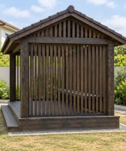 Chòi Gỗ Sân Vườn T126 - Ba Mặt Vách Song Gỗ Đứng Thưa, Gỗ Thông Màu Gỗ Cháy