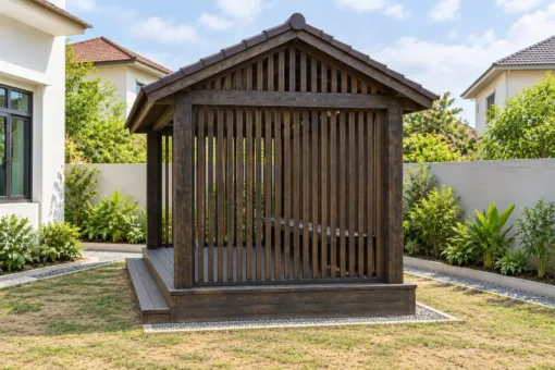 Chòi Gỗ Sân Vườn T126 - Ba Mặt Vách Song Gỗ Đứng Thưa, Gỗ Thông Màu Gỗ Cháy Chòi Gỗ Sân Vườn T126 - Ba Mặt Vách Song Gỗ Đứng Thưa, Gỗ Thông Màu Gỗ Cháy