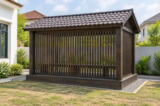 Chòi Gỗ Sân Vườn T126 - Ba Mặt Vách Song Gỗ Đứng Thưa, Gỗ Thông Màu Gỗ Cháy Chòi Gỗ Sân Vườn T126 - Ba Mặt Vách Song Gỗ Đứng Thưa, Gỗ Thông Màu Gỗ Cháy