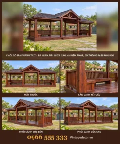 Chòi Gỗ Sân Vườn T127 - Ba Gian Mái Giữa Cao Hai Bên Thấp, Gỗ Thông Màu Nâu Đỏ