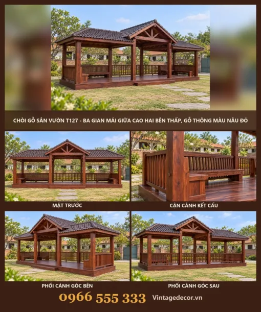 Chòi Gỗ Sân Vườn T127 - Ba Gian Mái Giữa Cao Hai Bên Thấp, Gỗ Thông Màu Nâu Đỏ Chòi Gỗ Sân Vườn T127 - Ba Gian Mái Giữa Cao Hai Bên Thấp, Gỗ Thông Màu Nâu Đỏ
