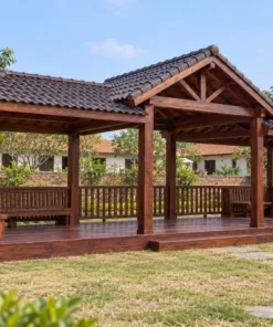 Chòi Gỗ Sân Vườn T127 - Ba Gian Mái Giữa Cao Hai Bên Thấp, Gỗ Thông Màu Nâu Đỏ