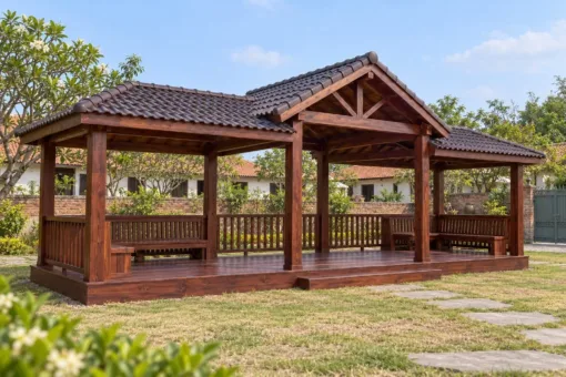 Chòi Gỗ Sân Vườn T127 - Ba Gian Mái Giữa Cao Hai Bên Thấp, Gỗ Thông Màu Nâu Đỏ Chòi Gỗ Sân Vườn T127 - Ba Gian Mái Giữa Cao Hai Bên Thấp, Gỗ Thông Màu Nâu Đỏ