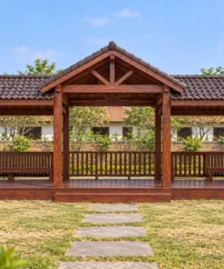Chòi Gỗ Sân Vườn T127 - Ba Gian Mái Giữa Cao Hai Bên Thấp, Gỗ Thông Màu Nâu Đỏ