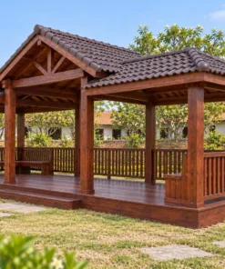 Chòi Gỗ Sân Vườn T127 - Ba Gian Mái Giữa Cao Hai Bên Thấp, Gỗ Thông Màu Nâu Đỏ