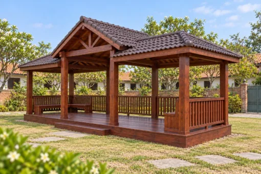 Chòi Gỗ Sân Vườn T127 - Ba Gian Mái Giữa Cao Hai Bên Thấp, Gỗ Thông Màu Nâu Đỏ Chòi Gỗ Sân Vườn T127 - Ba Gian Mái Giữa Cao Hai Bên Thấp, Gỗ Thông Màu Nâu Đỏ