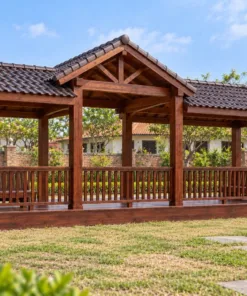 Chòi Gỗ Sân Vườn T127 - Ba Gian Mái Giữa Cao Hai Bên Thấp, Gỗ Thông Màu Nâu Đỏ