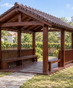 Chòi Gỗ Sân Vườn T128 - Lối Đi Xuyên Giữa Hai Ghế Băng Đối Diện, Gỗ Thông Màu Nâu Cánh Gián