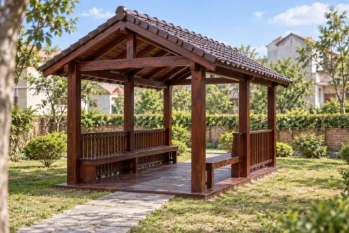 Chòi Gỗ Sân Vườn T128 - Lối Đi Xuyên Giữa Hai Ghế Băng Đối Diện, Gỗ Thông Màu Nâu Cánh Gián Chòi Gỗ Sân Vườn T128 - Lối Đi Xuyên Giữa Hai Ghế Băng Đối Diện, Gỗ Thông Màu Nâu Cánh Gián
