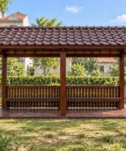 Chòi Gỗ Sân Vườn T128 - Lối Đi Xuyên Giữa Hai Ghế Băng Đối Diện, Gỗ Thông Màu Nâu Cánh Gián