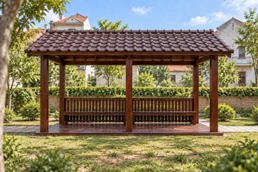 Chòi Gỗ Sân Vườn T128 - Lối Đi Xuyên Giữa Hai Ghế Băng Đối Diện, Gỗ Thông Màu Nâu Cánh Gián Chòi Gỗ Sân Vườn T128 - Lối Đi Xuyên Giữa Hai Ghế Băng Đối Diện, Gỗ Thông Màu Nâu Cánh Gián